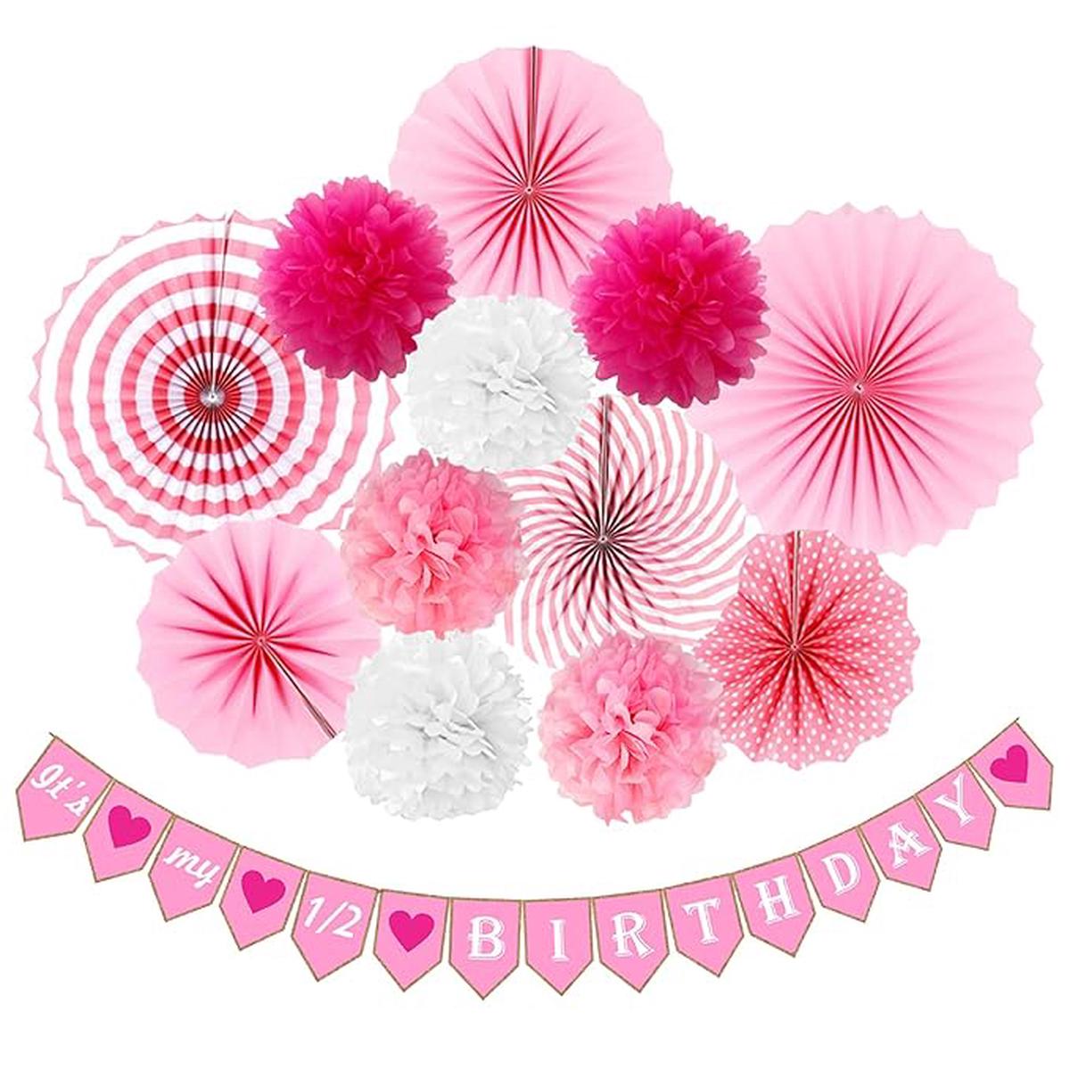 Celebrate your baby girls 6-month milestone with this cute 13pcs half birthday dcor set.