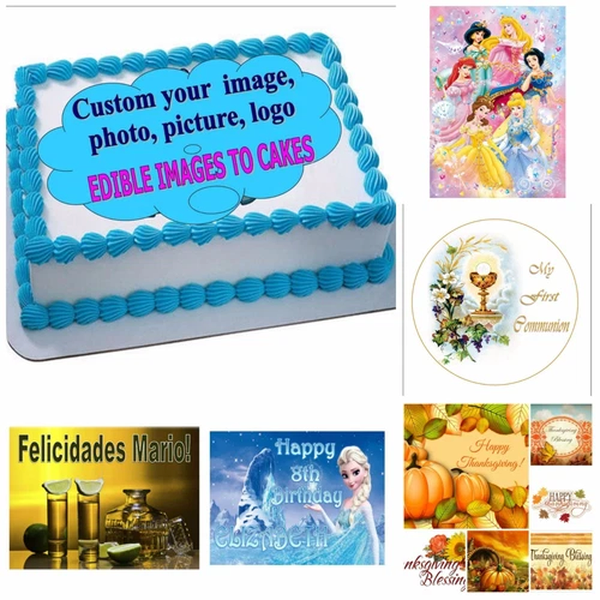 EDIBLE CAKE TOPPER  PHOTO IMAGE CUSTOM/PERSONALIZED ANY IMAGE (ENGLISH/SPANISH)