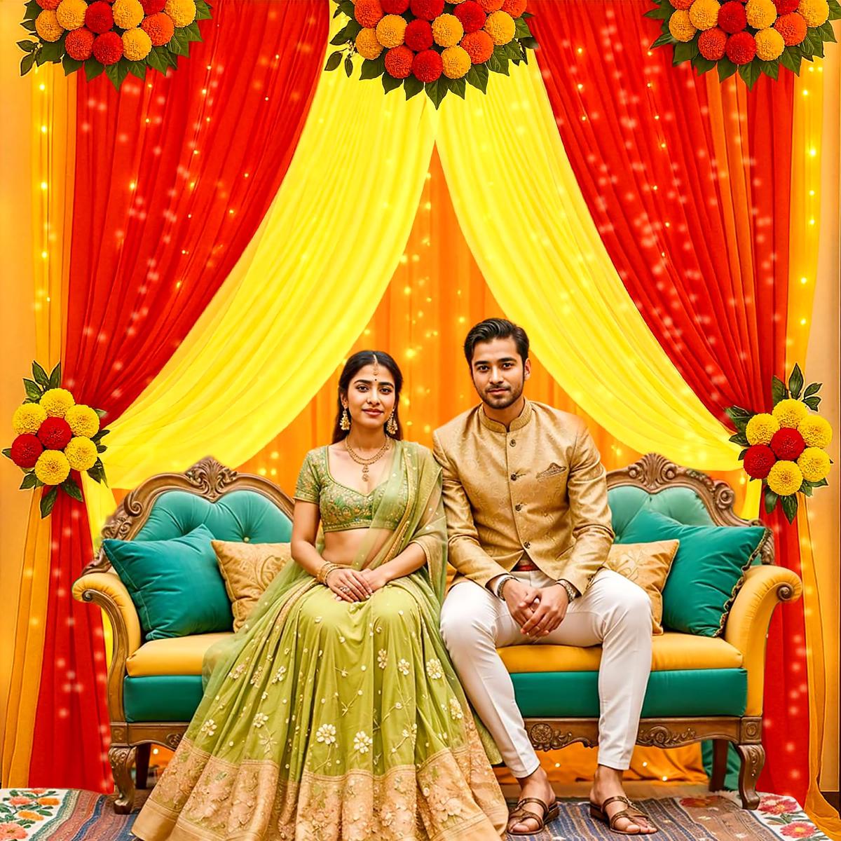 Haldi Decoration Setup with Fairy Lights 8 Pcs Satin Net Backdrop for Wedding