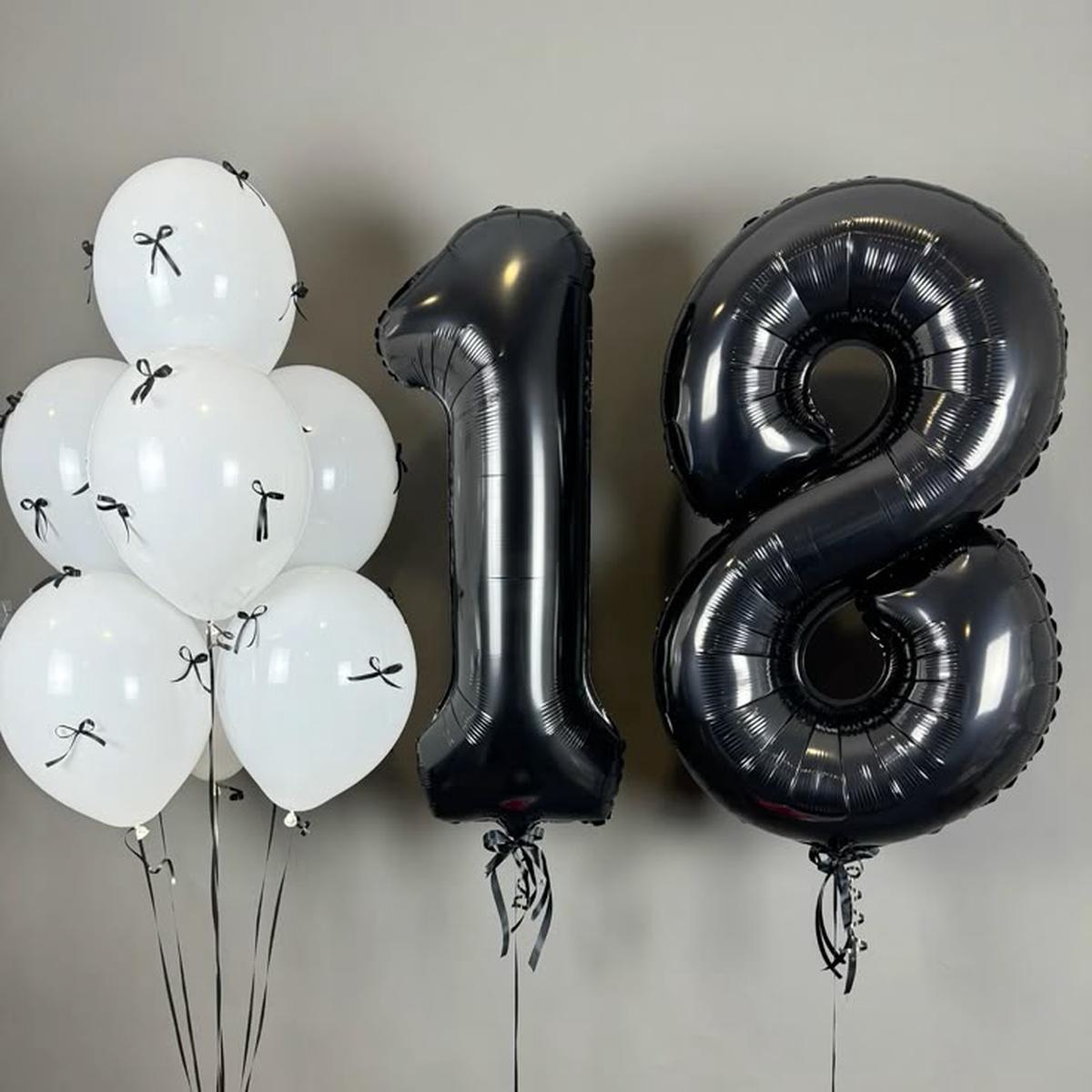 Helium Balloons Two Number Set Black ’18’ and Latex White with Black Ribbons Bunch – Perfect for an