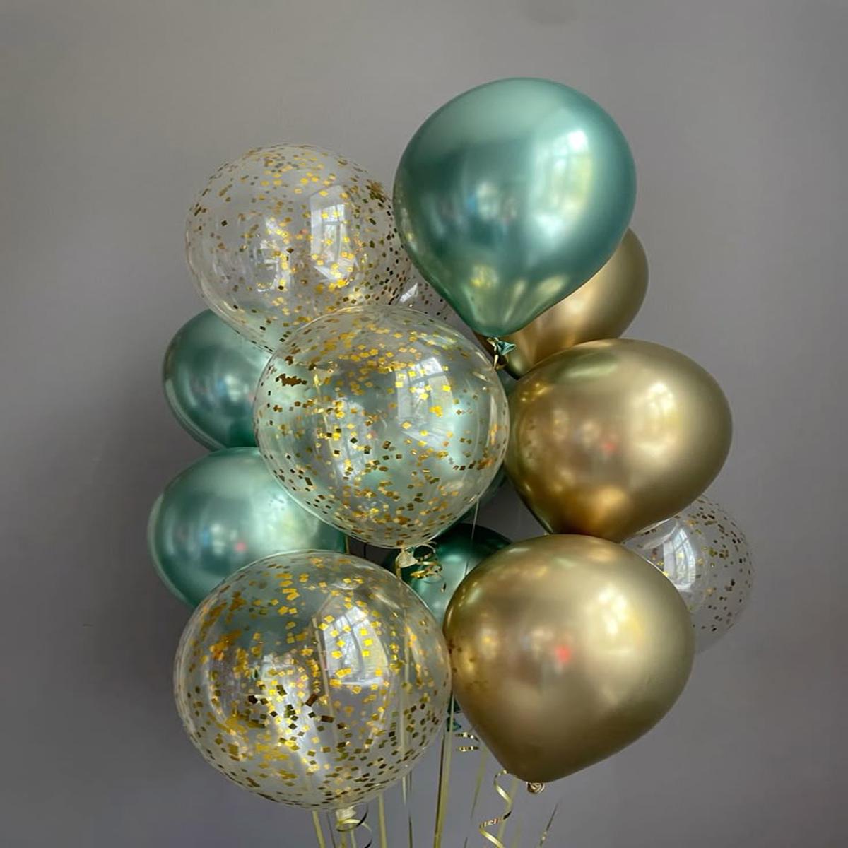 Latex Helium Bunch Chrome Green, Light Gold and Clear with Confetti Balloons with Gold Strings – Pe