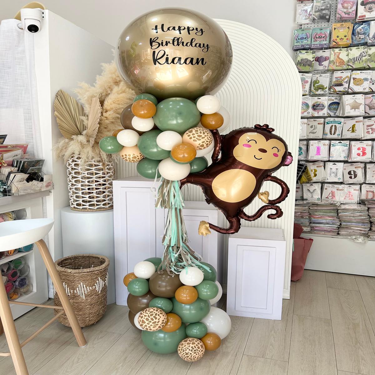 Pillar/Column/Tower White Light Gold Olive Green Monkey Animal Printed Balloons with Customize Stic