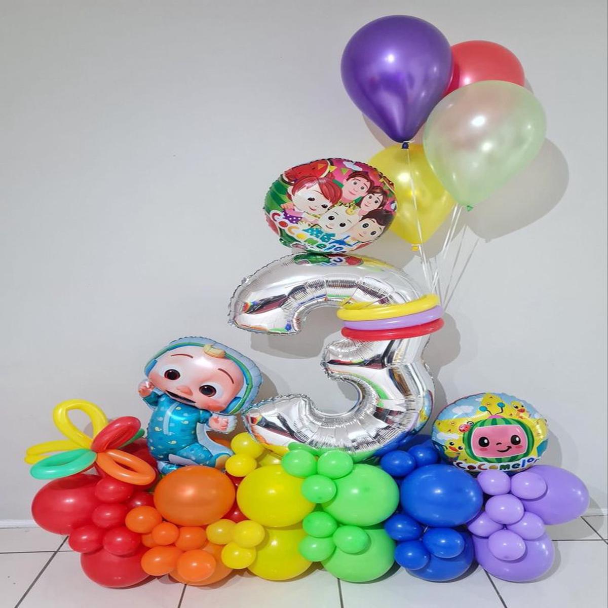 Platform Silver Number ‘3’ with Latex Blue, Green, Yellow, Purple and Pink with Cocomelon Balloons