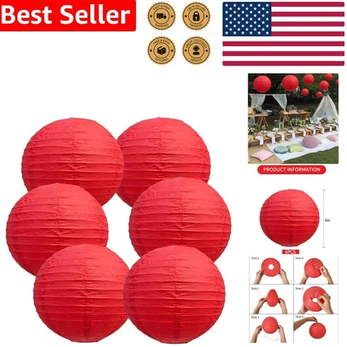 Traditional Chinese Red Paper Lanterns – 6 Pack for Birthdays & Anniversaries