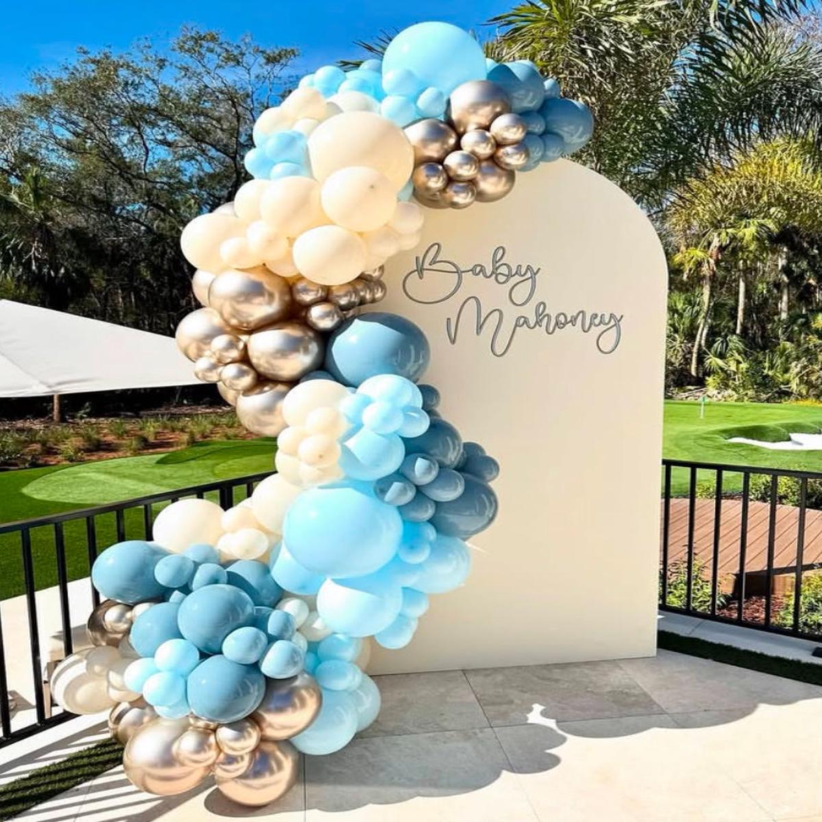 Customizable KT Board with Balloon Blue, White and Light Gold Decor Setup – Perfect for special occ