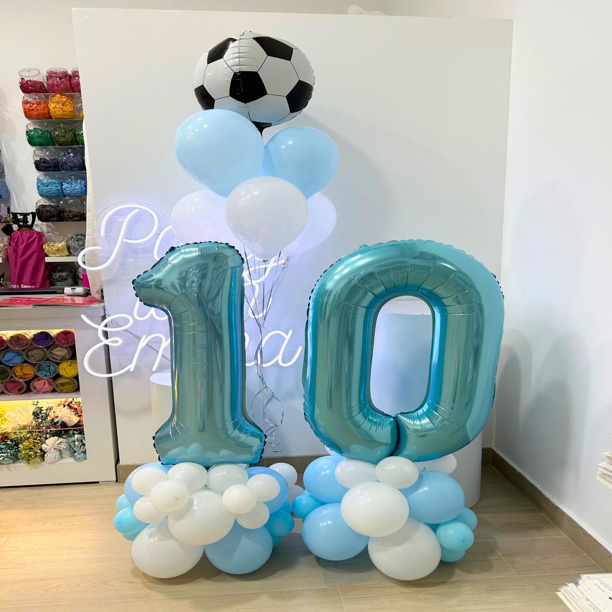 Number Balloon on Stand ’10’ Number and Blue & White Soccer-Themed Balloon Helium and Helium Latex