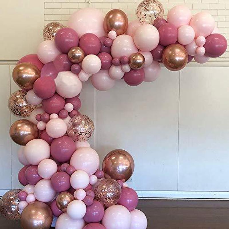 Pink Balloons Garland 135 Pcs 18 In 12 In 5 In, Dust Rose Gold Metallic Confetti Latex Balloons Arch Kit for Party Decorations