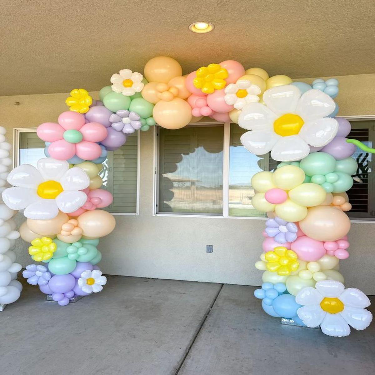 Balloon Arch Pastel Colors Pink, Yellow, Mint Green, Peach and Blue with Flower accents Organic Arr