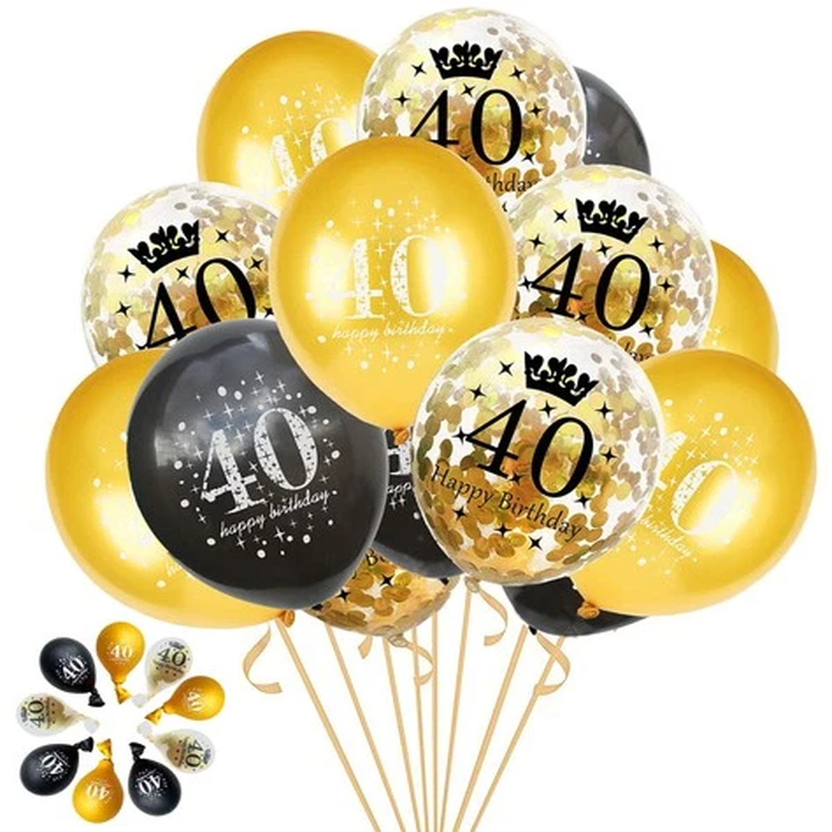 40th Birthday Balloons Gold and Black Party Decorations 15 Pack 12 inch