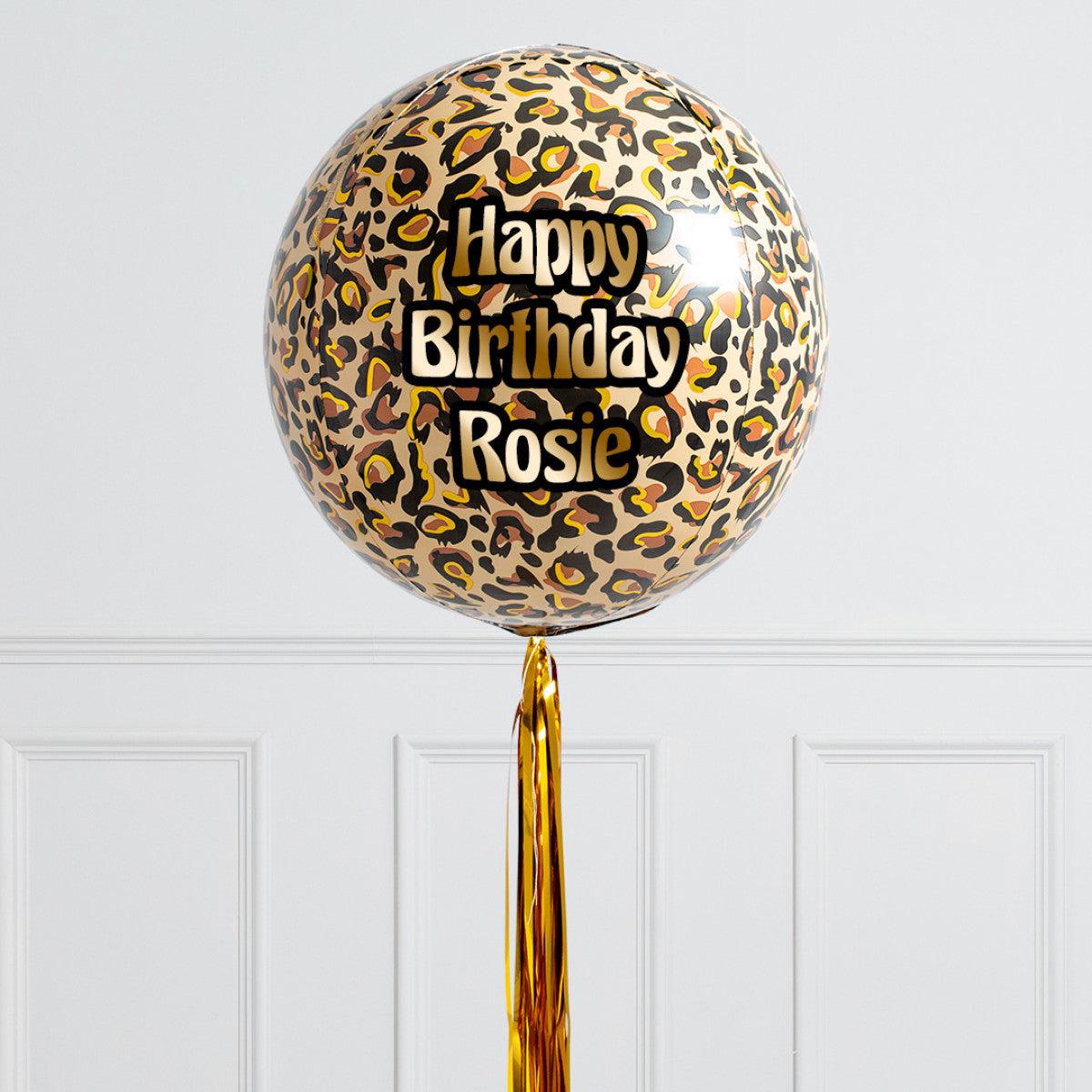 Personalised Helium Balloon Animal Print/Leopard Helium Balloon with Tassel – Custom Name Round Bal