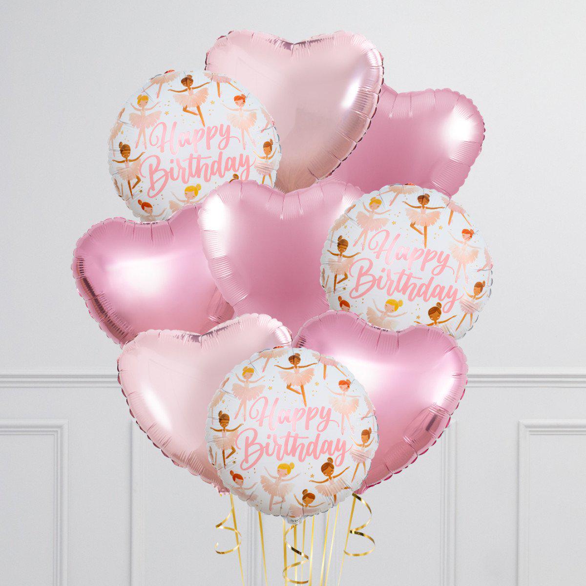 Bunch of Different Shades of Pink Heart Foil and Printed Circle Happy Birthday Helium Balloons