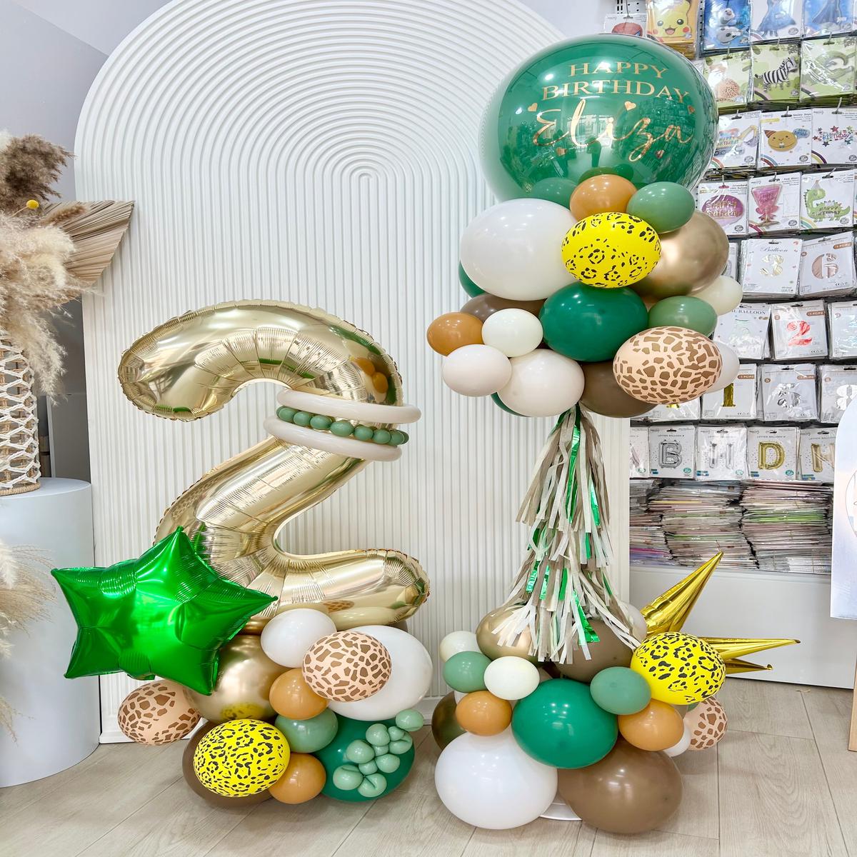 Light Gold Number Balloon on Stand 2 with Green Star and Customized Pillar/Column/Tower Animal-Them