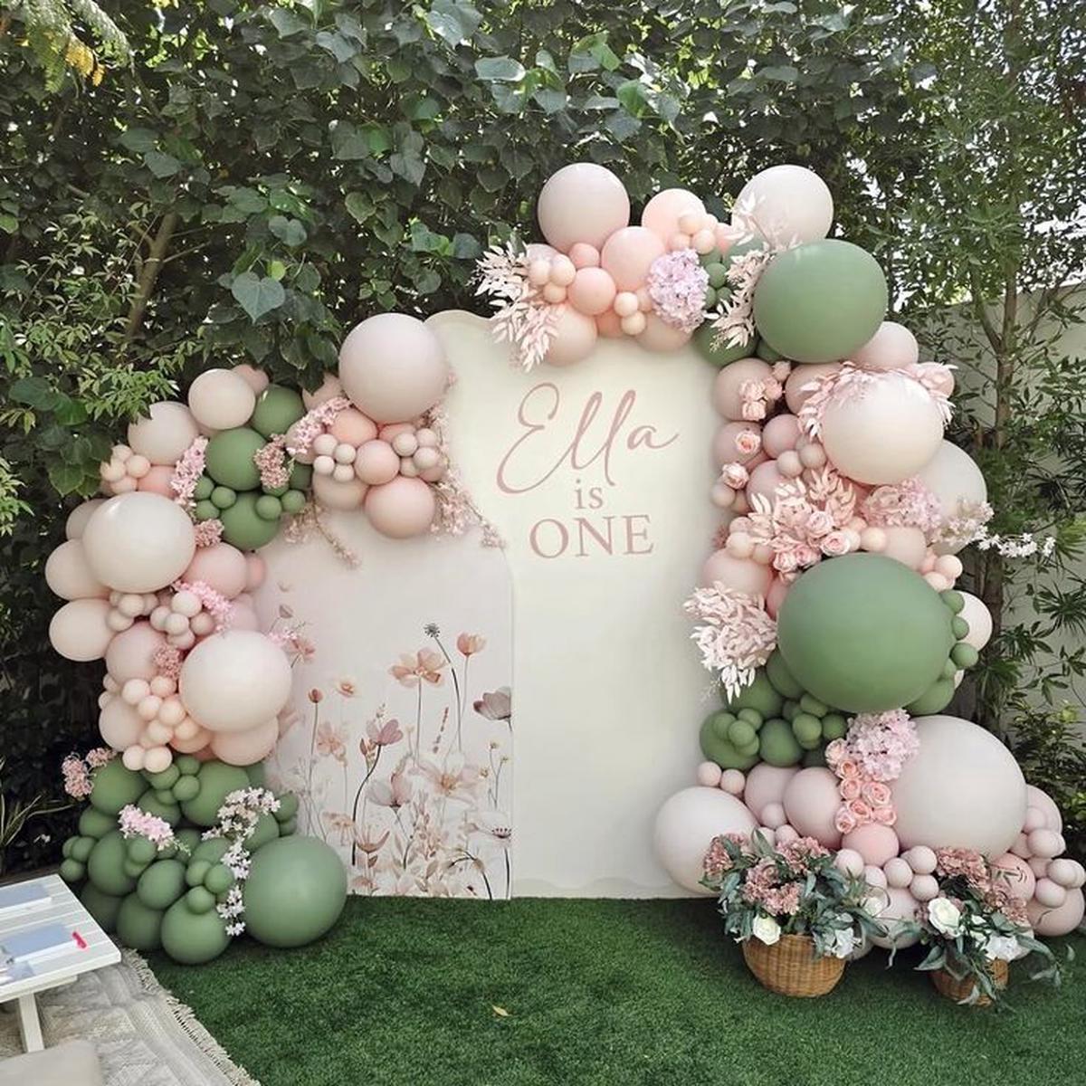 Customizable Board Backdrop with Balloons Green and Pink with Artificial Flowers and Leaves – Perfe