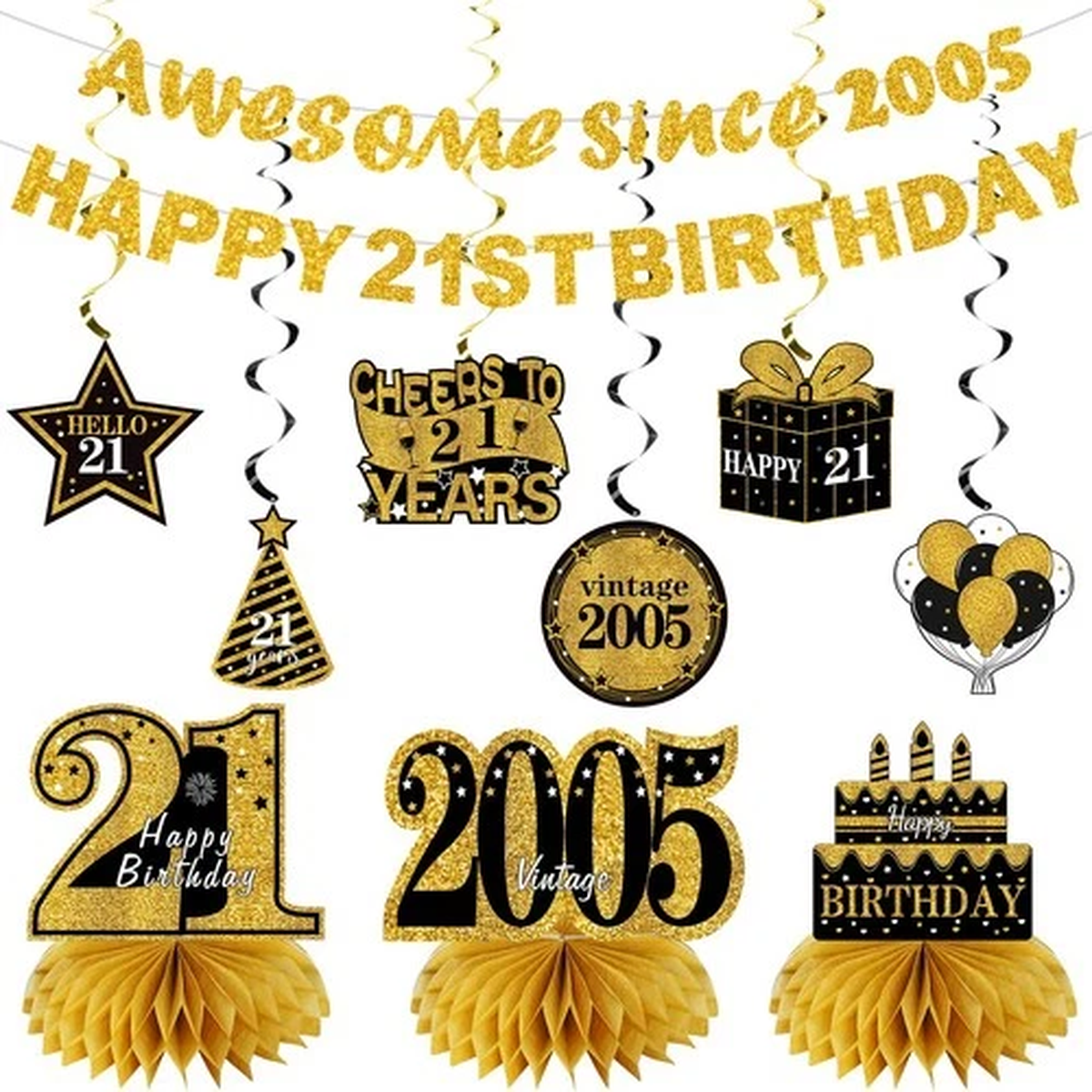 11Pcs 21st Birthday Decorations Kit for Men Women, Black Gold Happy 21st Birt…