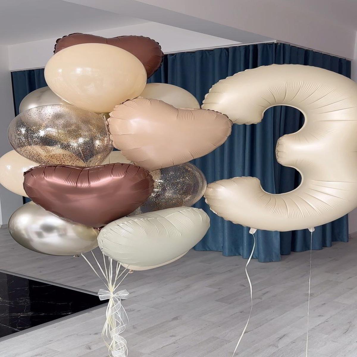 Helium Balloons Single Number Set Beige ‘3’ and Latex Bunch Beige, Light Gold, Clear with Glitters