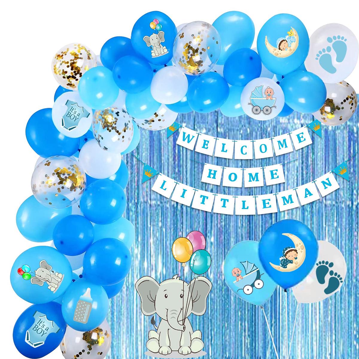 Welcome Baby Boy Decoration Kit 54 Pcs Newborn Baby Welcome Home Decorations with Balloons, Banner & Foil Curtain