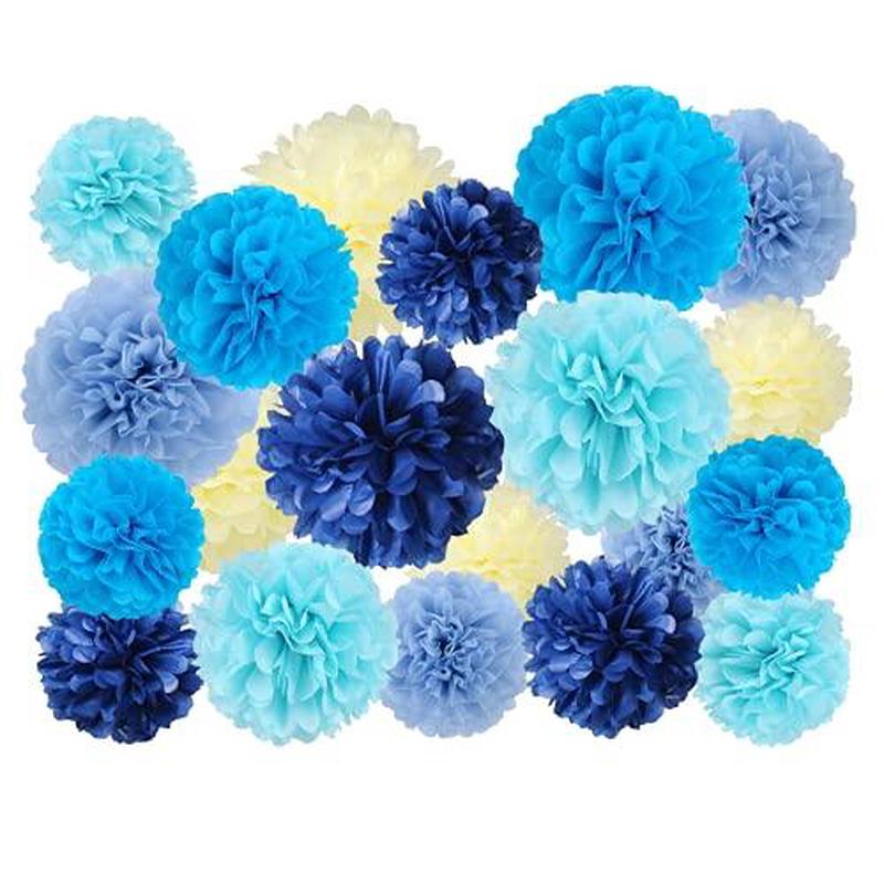20 Pcs Tissue Pom Poms Kit, Tissue Paper Flowers for Birthday, Boy Baby Shower, Nursery, Graduation, Bachelorette Party Decoration (Blue Mix)