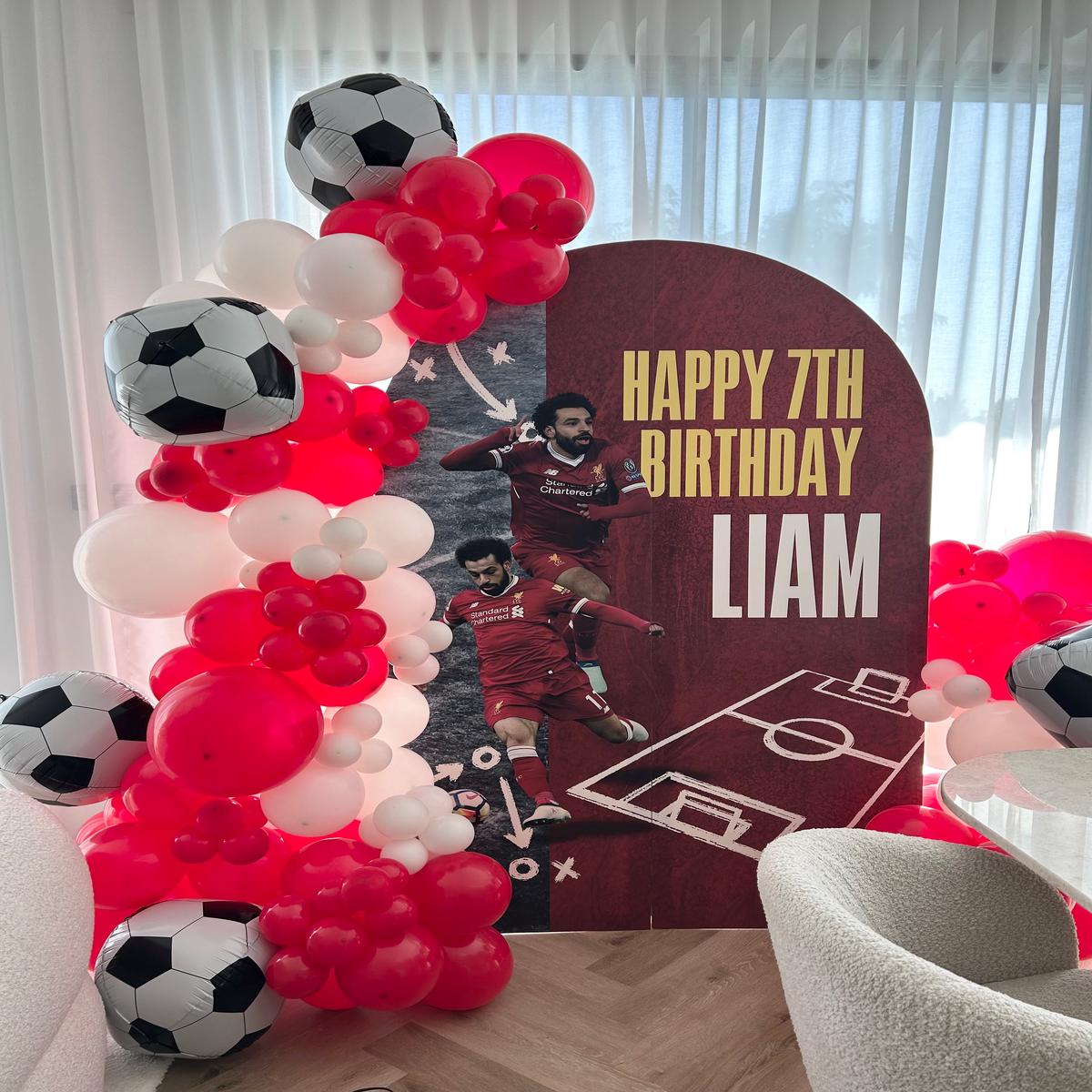 Customized Backdrop Football Theme Liverpool FC with Balloons White Red Soccer Ball  Customizable D