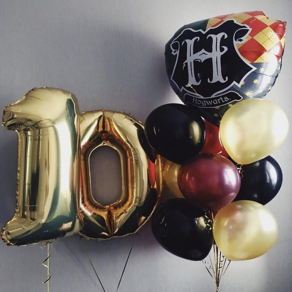 Helium Balloon Two Number Set of Gold Numbers 10′ Balloon, Harry Potter Flag with Latex Helium Bunc