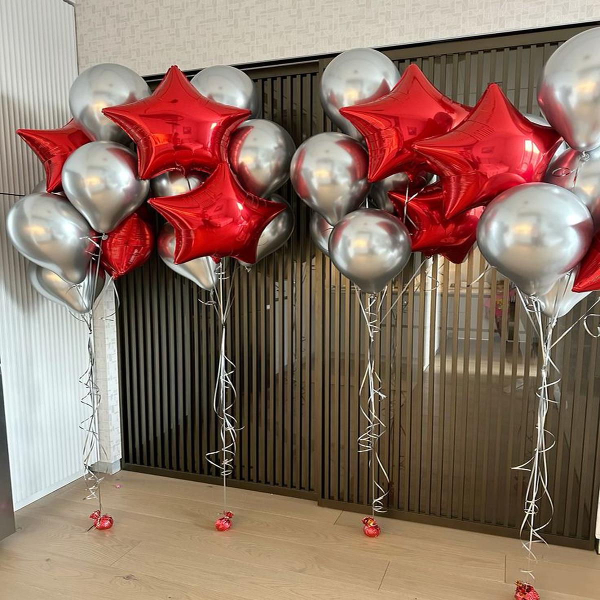 Helium Balloons Bunch Red Star-Shaped and Silver Latex with Silver Strings – Perfect for any Occasi