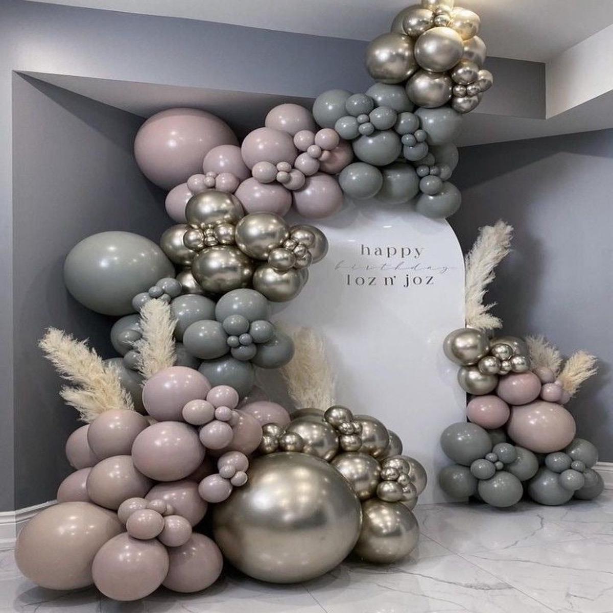 Customizable KT Board Backdrop with Balloon Purple, Green and Light Gold with Artificial Flower Dec