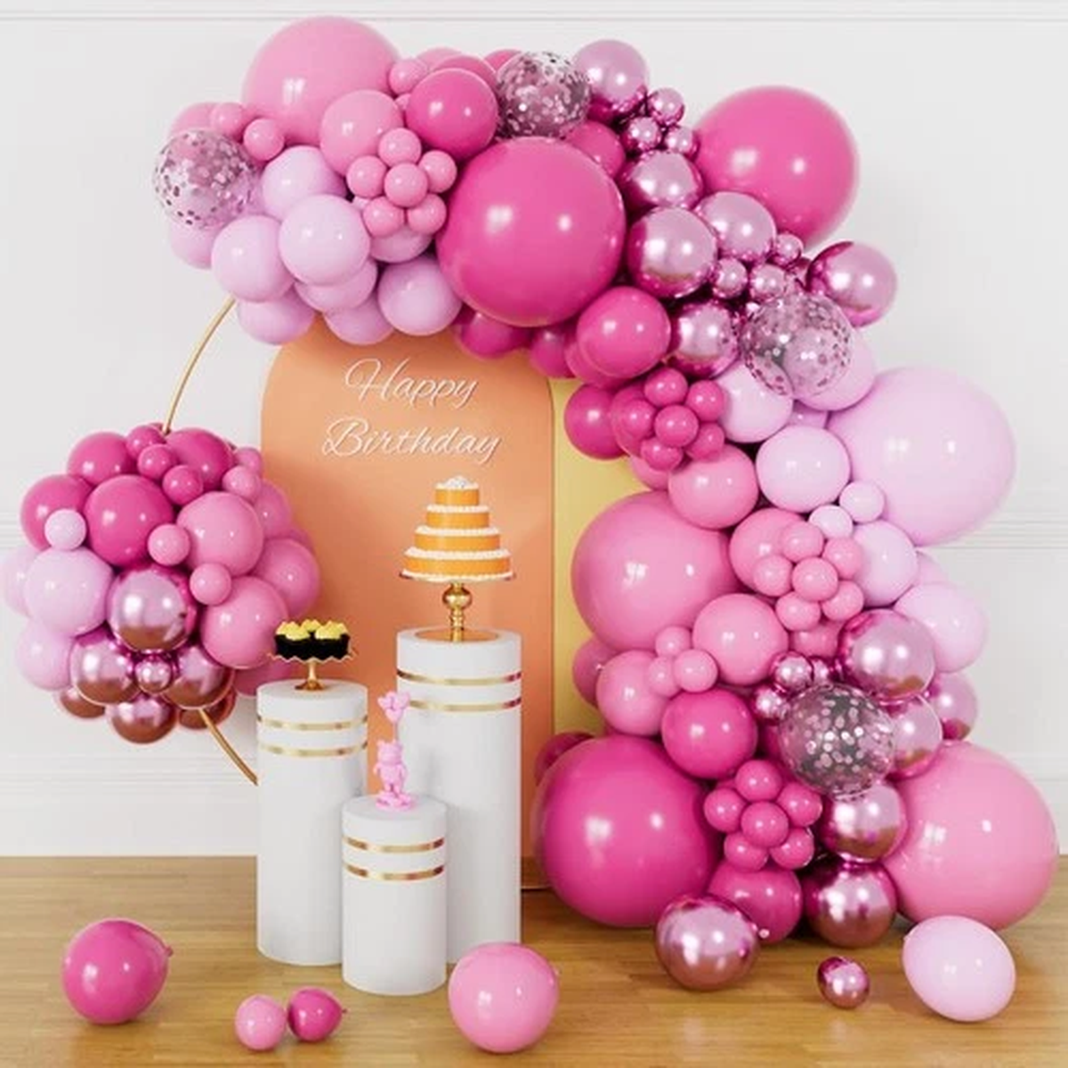 153Pcs Pink Balloon Arch Garland Kit, Hot Pink Latex Balloons Metallic Confetti