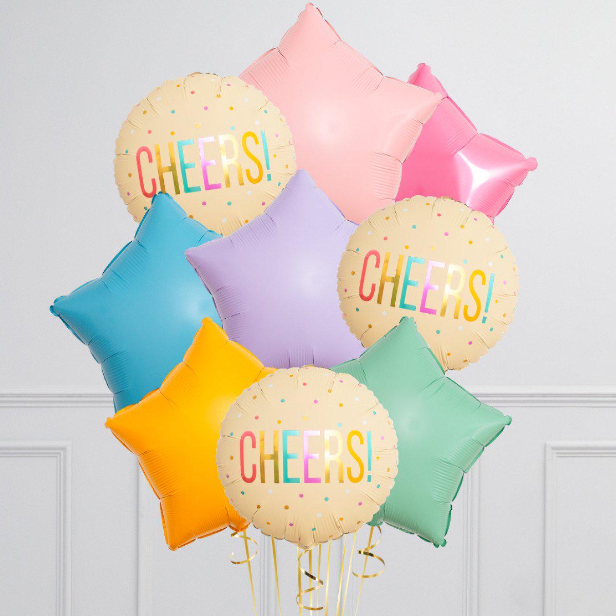 Bunch of Pink, Blue, Purple, Yellow and Green Star Foil and Printed Beige Circle Cheers! Helium Bal
