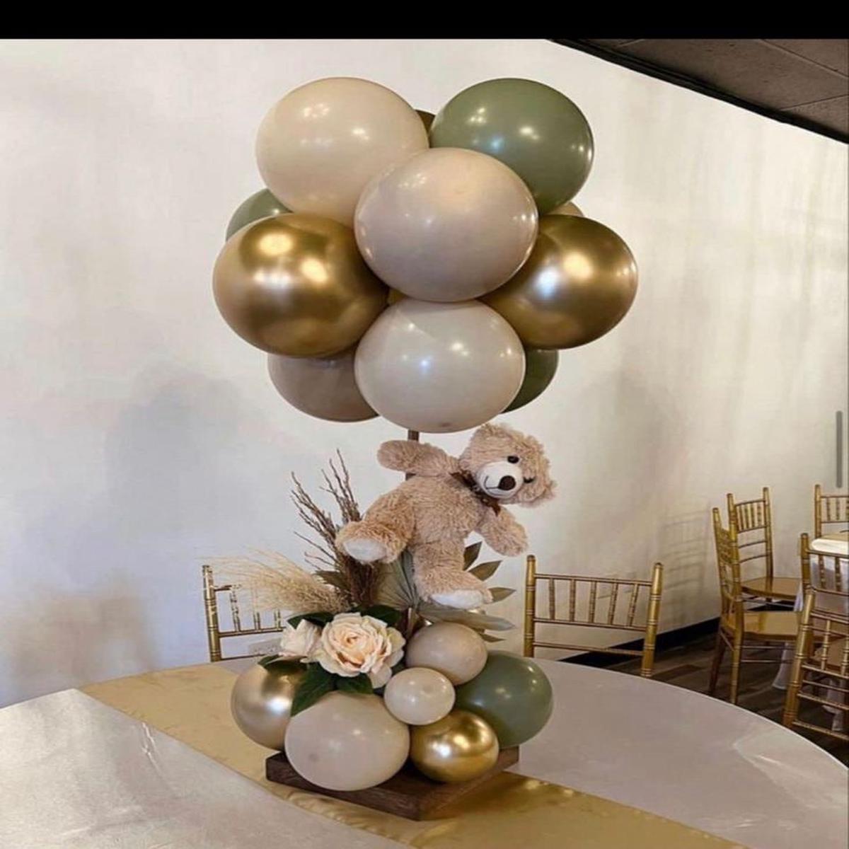Customizable Balloon Light Gold, Green, Sand White and Dust White with Teddy Bear and Flower Center