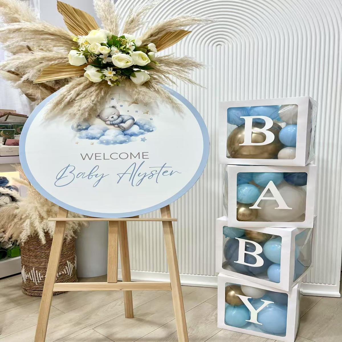 Hospital Welcome Baby, Baby Shower Balloon Light Gold, Blue and Beige with BABY Box with Mini Ballo