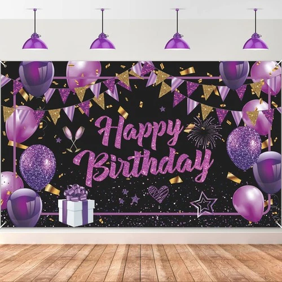 Purple Happy Birthday Banner – Black Gold Party Decorations Large Sign Shiny …