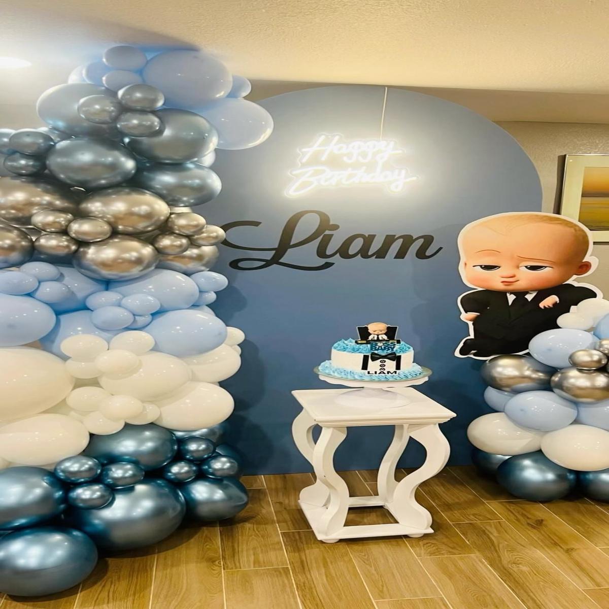 Customizable Backdrop with Balloons Chrome Blue, White and Silver with Baby Boss Standee Accents wi