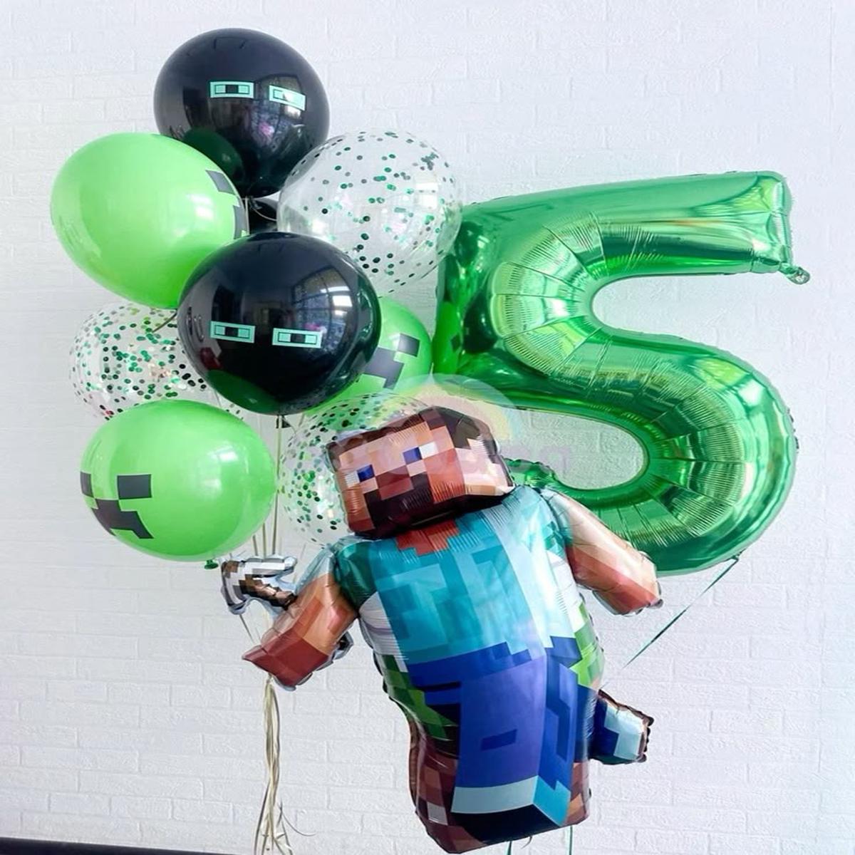 Helium Balloon Single Number Set of Green Number 5 Balloon with Minecraft Character Foil and Latex