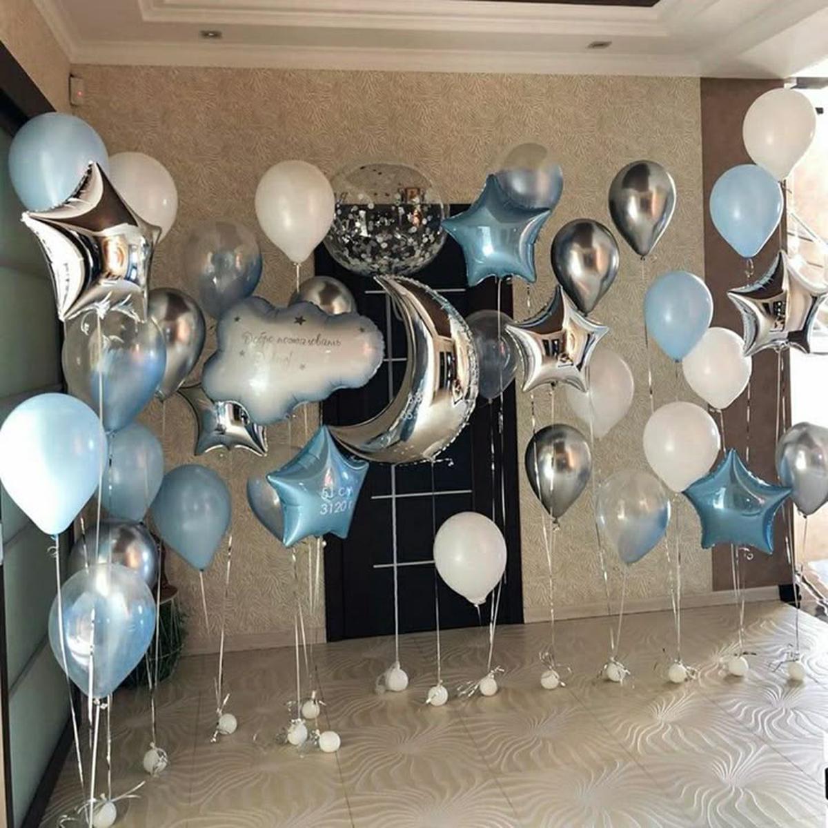 Helium Blue, White and Silver Latex with Cloud, Stars and Moon Bunches Balloon Decor – Perfect for