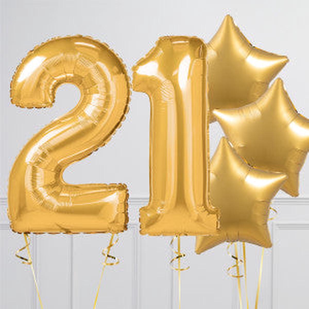 Helium Gold 21 Two Number Set Balloon with Star-Shaped Foil Balloons