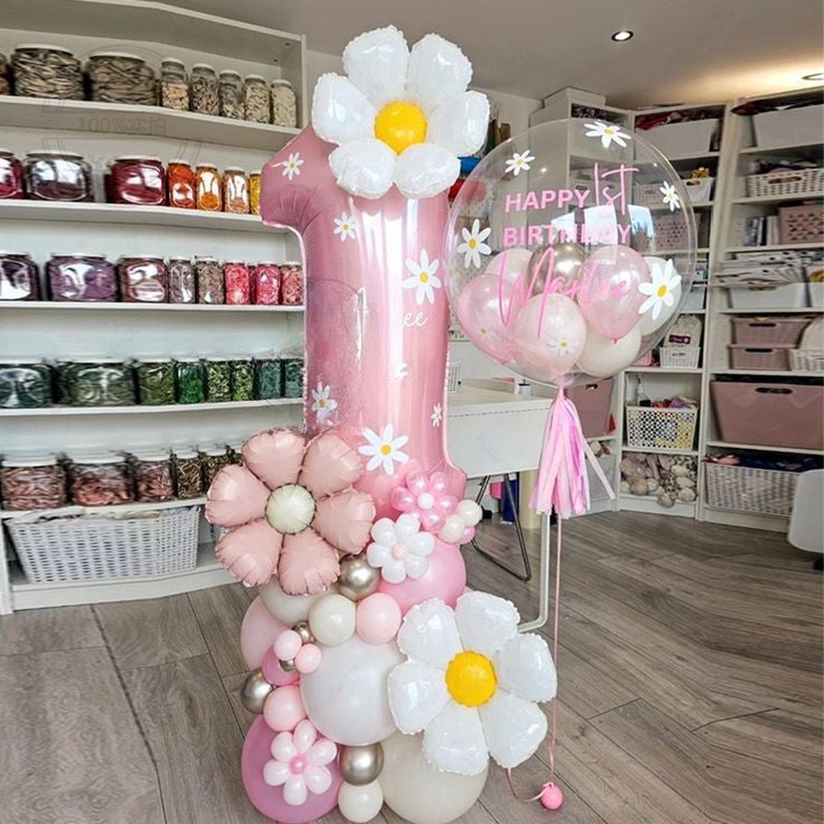 Balloon on Stand Pink Number ‘1’ with Flowers, Latex Pink and Beige, Personilised Clear with Mini L