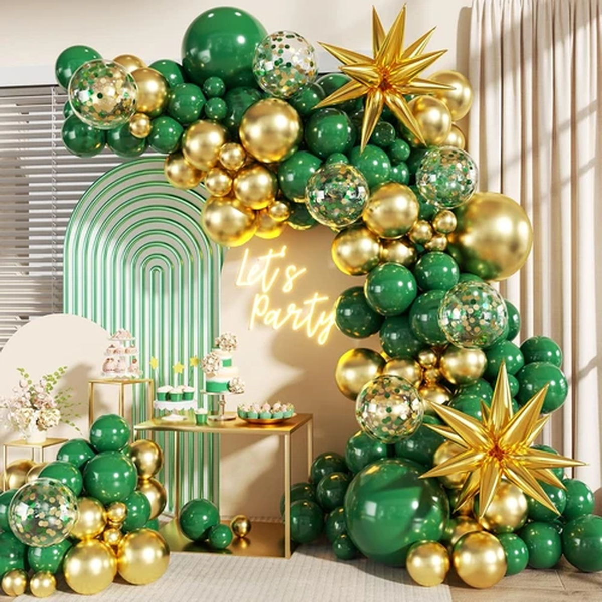 Green and Gold Balloon Garland Arch Kit, 140Pcs Emerald Green Gold Confetti Ball
