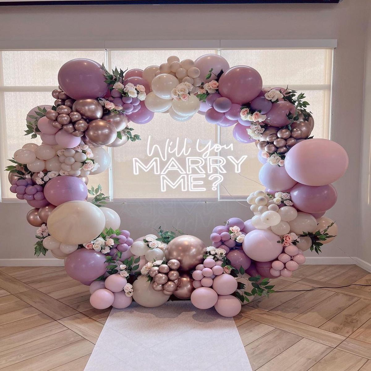 Round Balloon Purple and Dust White Chain Decor with Customizable LED Acrylic Lights Will You Marry