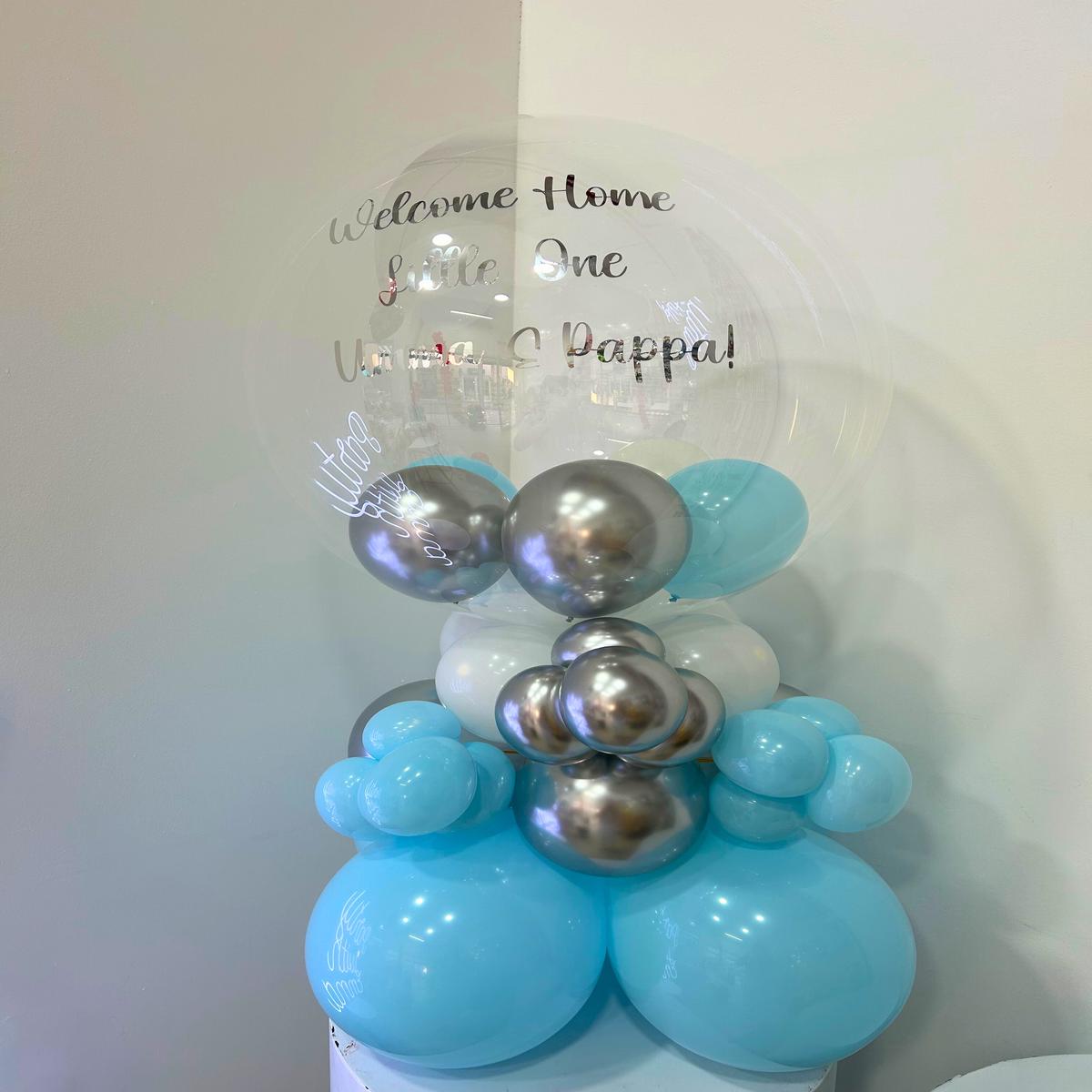 Personalised Birthday Bobo Balloon on Stand – Blue, White and Silver Accents