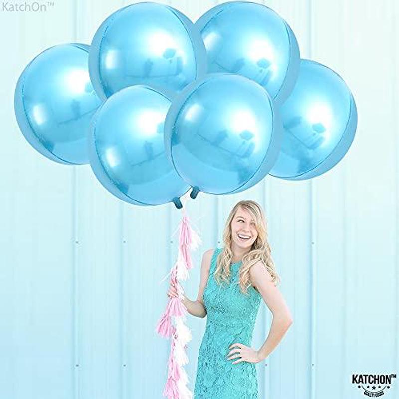 Big 22 Inch Blue Mylar Balloons – Pack of 6 | 360 Degree 4D Round Sphere metallic blue balloons | Light Blue Balloons for Baby Shark, Baby Shower, Gender Reveal