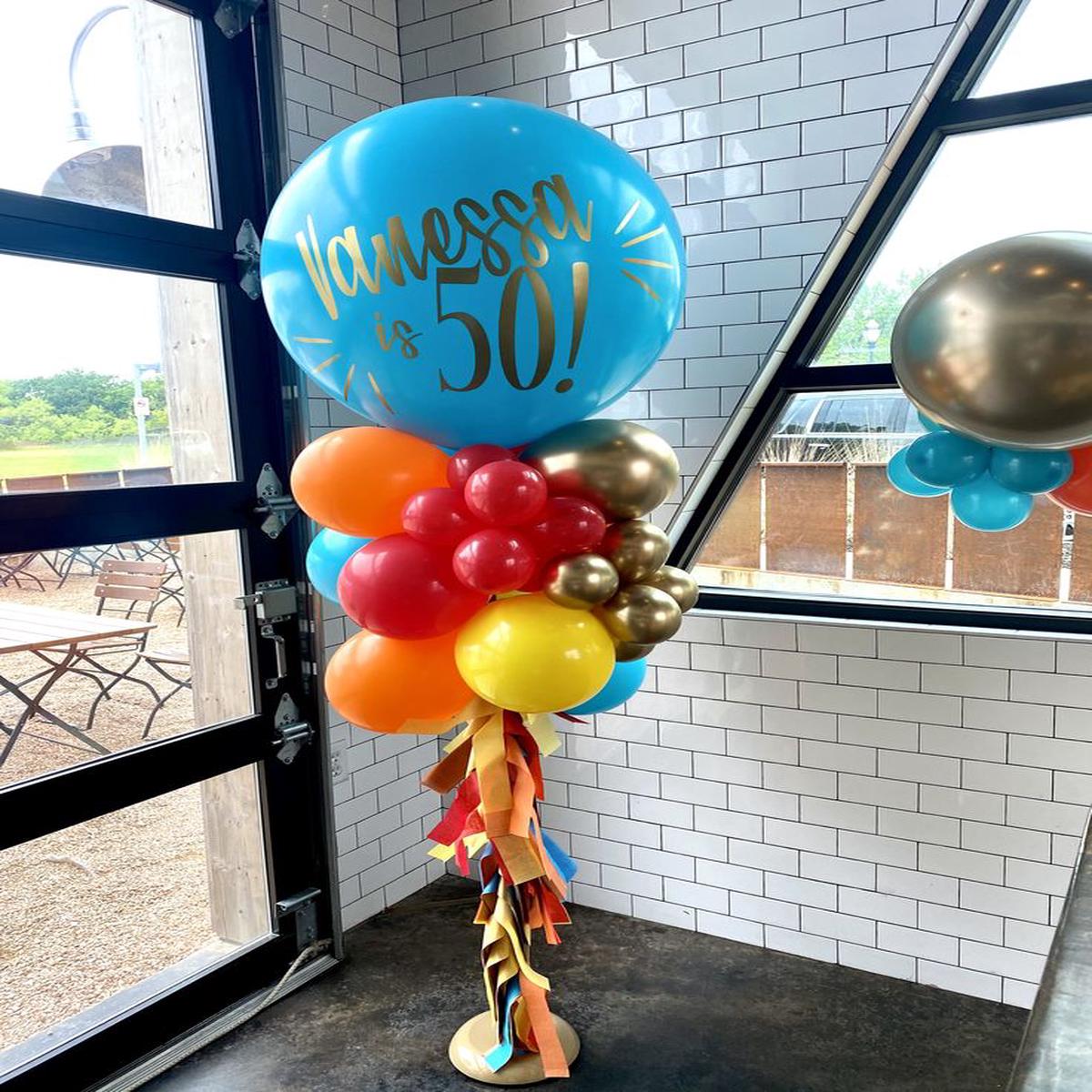 Personalised Pillar/Column/Tower Balloons Red, Yellow, Orange and Blue with Customize Sticker and T