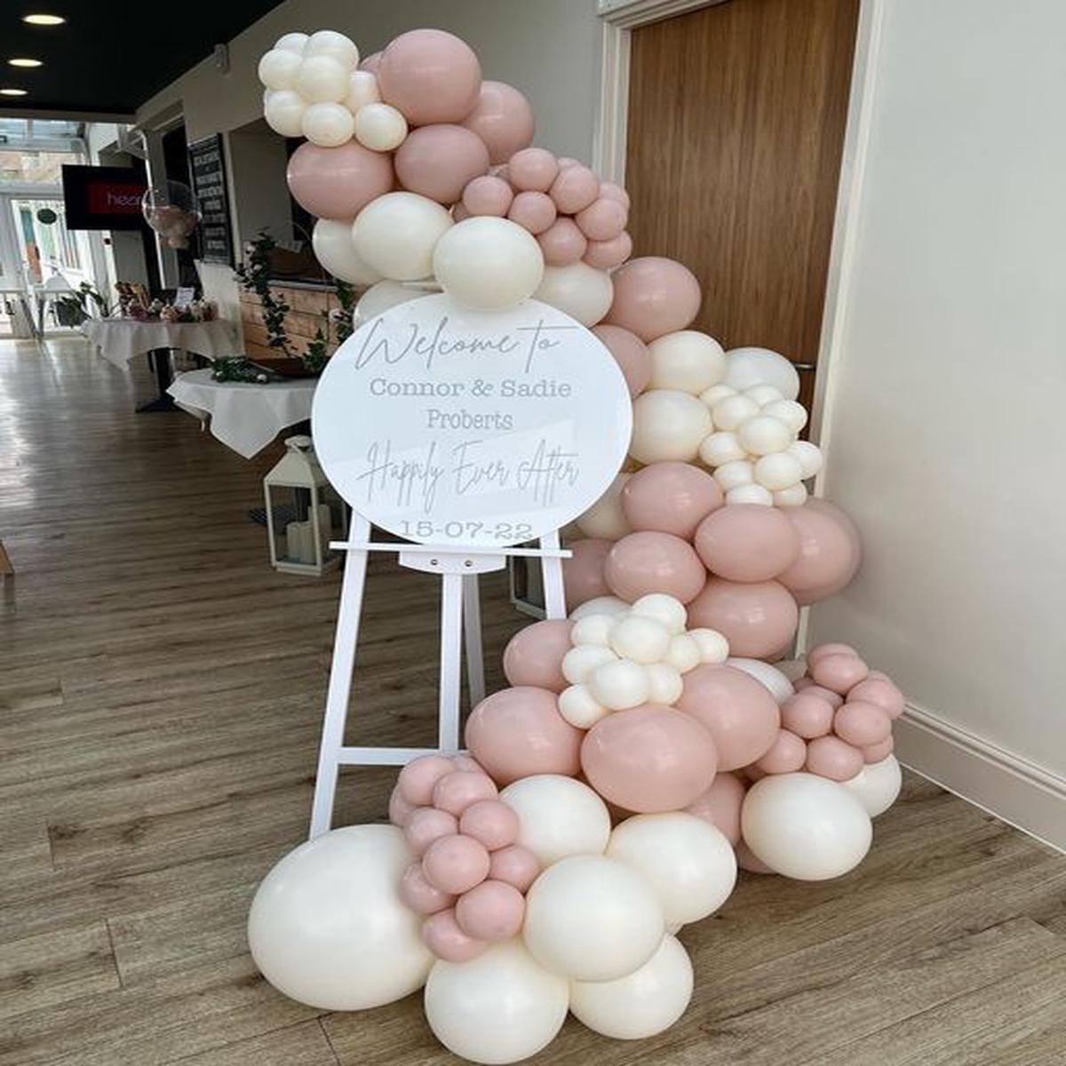 Customizable Round KT Board with Wooden Stand Welcome Board, Organic Balloon Light Purple and Beige
