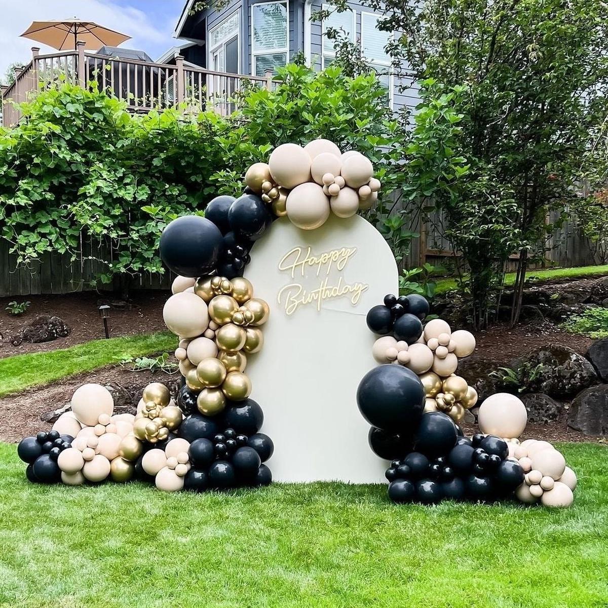 Customizable KT Board Backdrop with Balloon Dust White, Black and Gold Decor with LED Acrylic Happy
