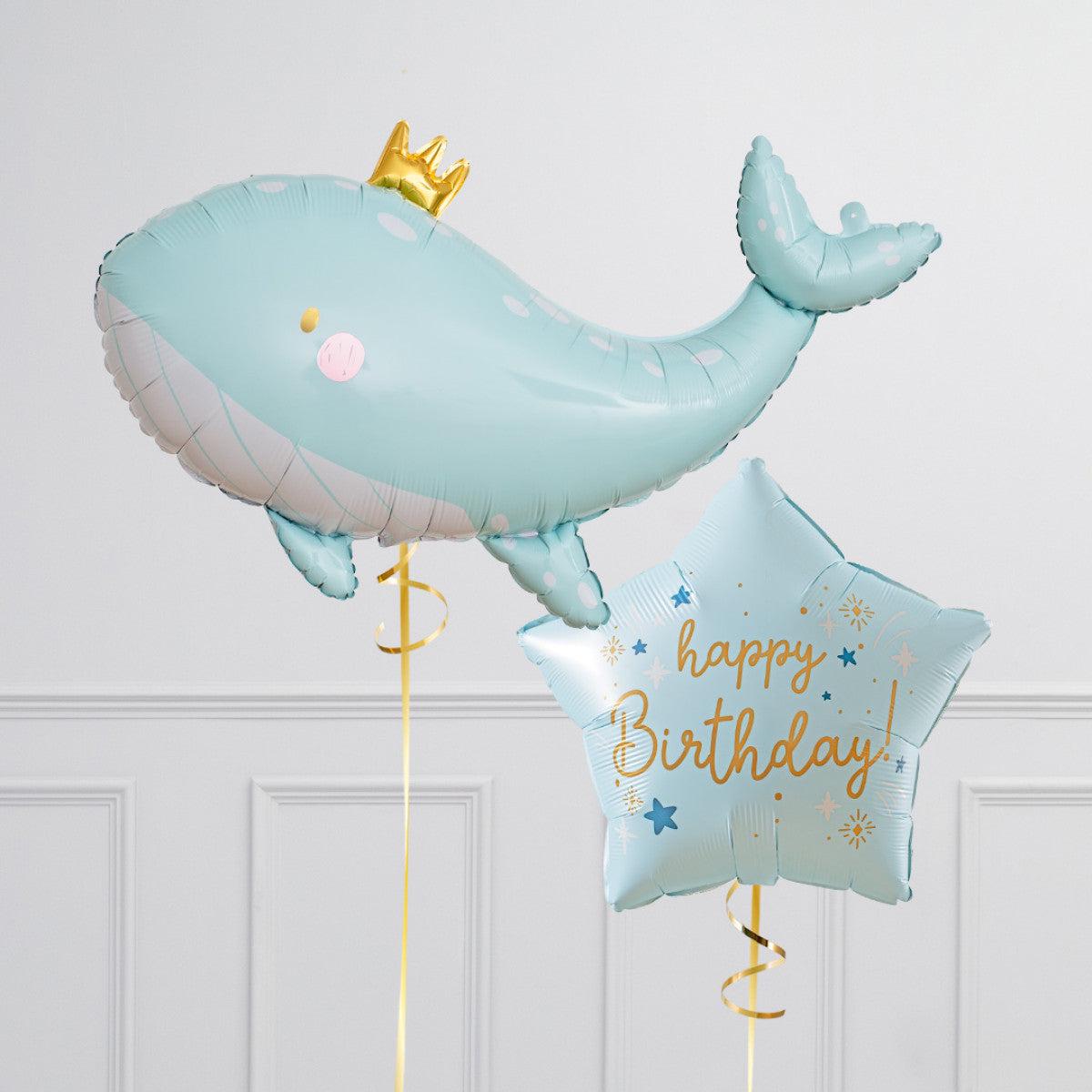 Helium Foil Balloons Star Blue with “Happy Birthday” and Blue Whale  – Under The Sea-Themed Perfect