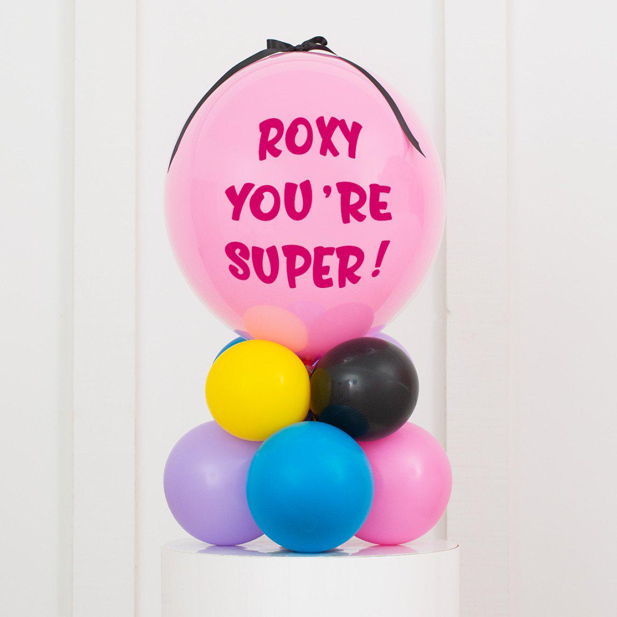 Personalised Birthday Bobo Balloon on Stand – Pink, Yellow, Black, Blue, Pastel Purple Clusters wit