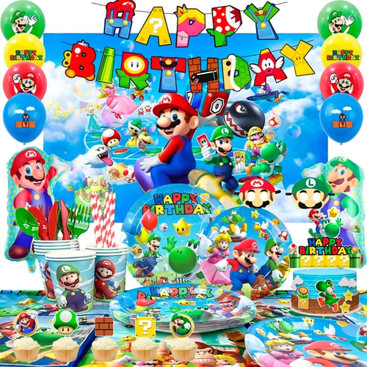 Super Mario Party Decoration Luigi Birthday Supplies Balloons Plates Cake Topper