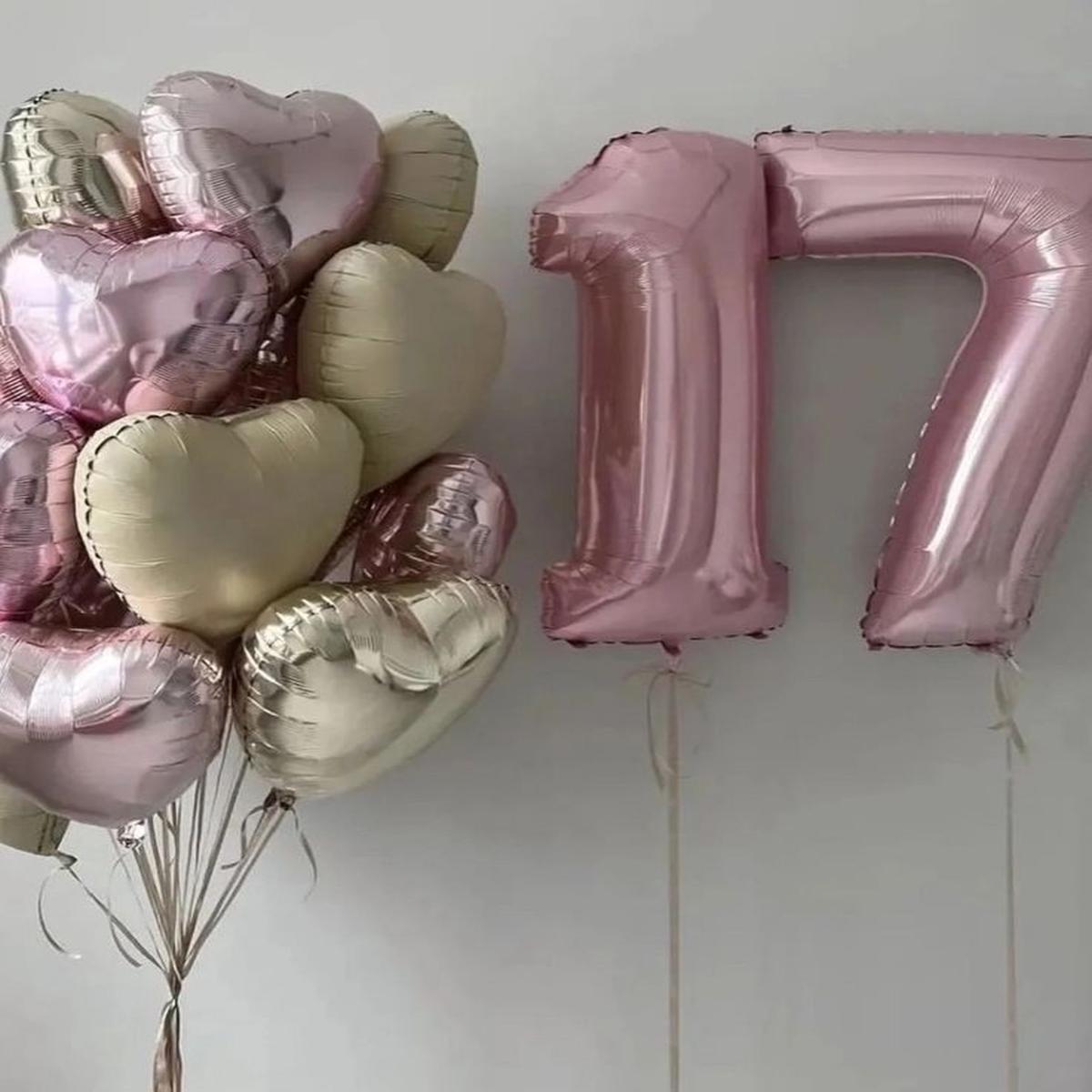 Helium Pink 17 Two Number Set Balloon with Light Gold, Beige and Pink Heart-Shaped Foil Balloons –