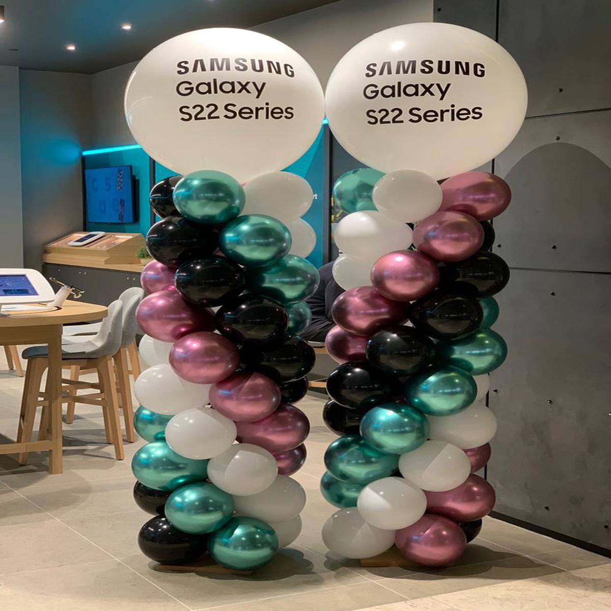 Personalised Company Logo Sticker Balloon White, Black, Chrome Green and Purple Pillar/Column/Tower