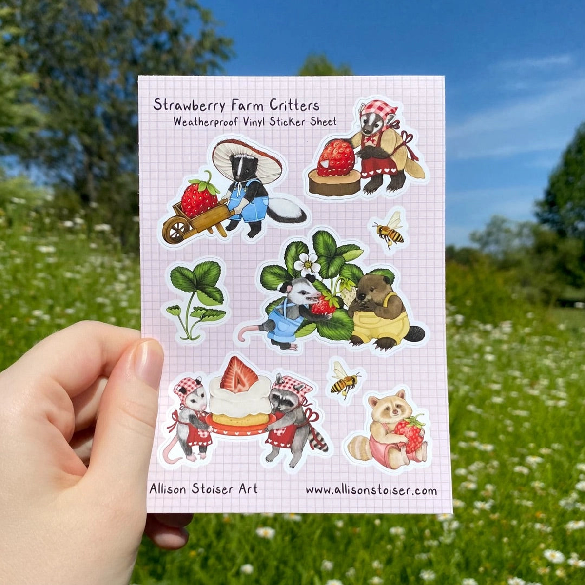 Allison Stoiser Art - Strawberry Farm Critters A6 Vinyl Sticker Sheet