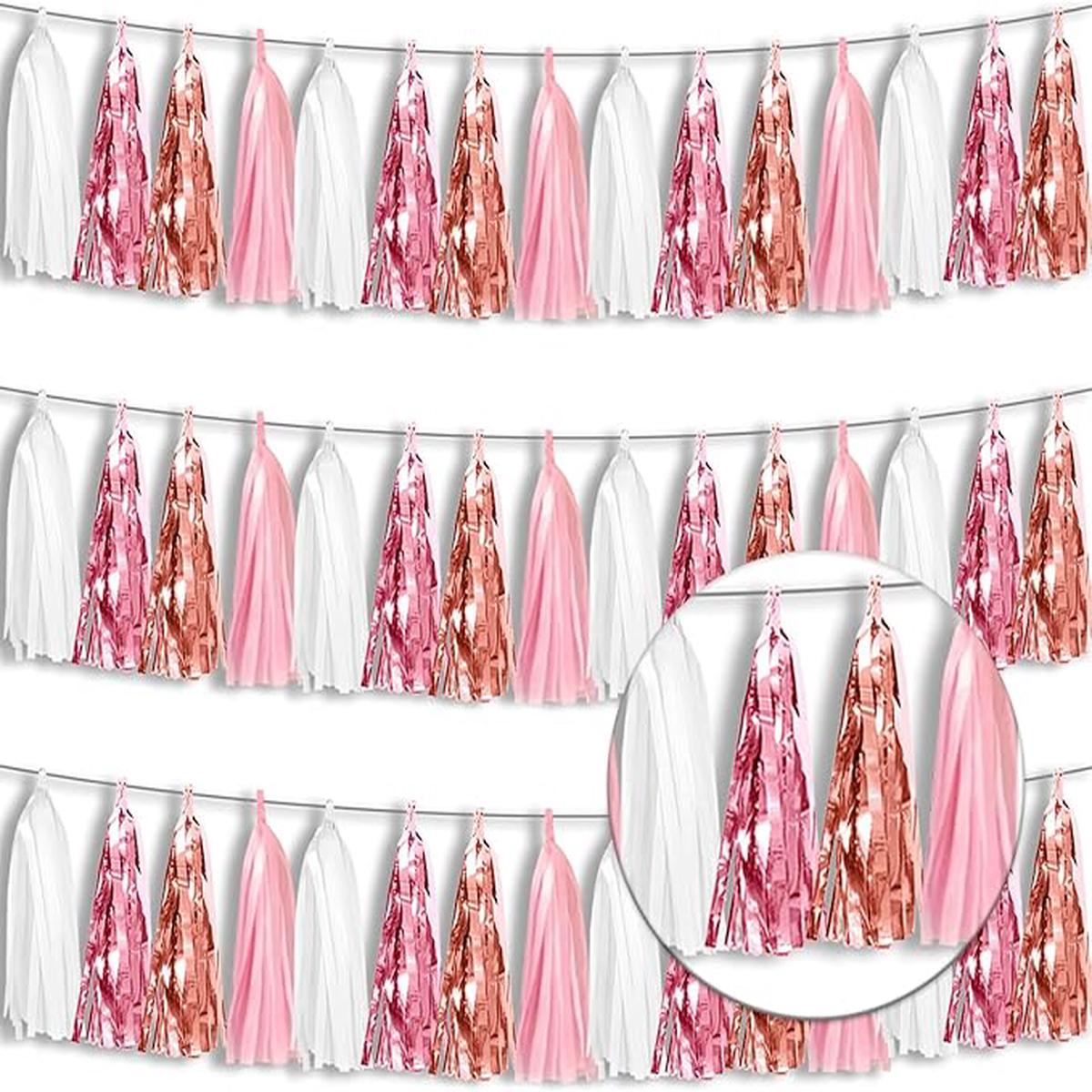 3P Metallic Fringe Tassel Banner Garland Foil Tinsel Streamer Wall Hanging Curtain Backdrop for Parade Floats, Graduation, Wedding, Birthday, Retirement Party Decorations(Rose-Gold Pink Wh