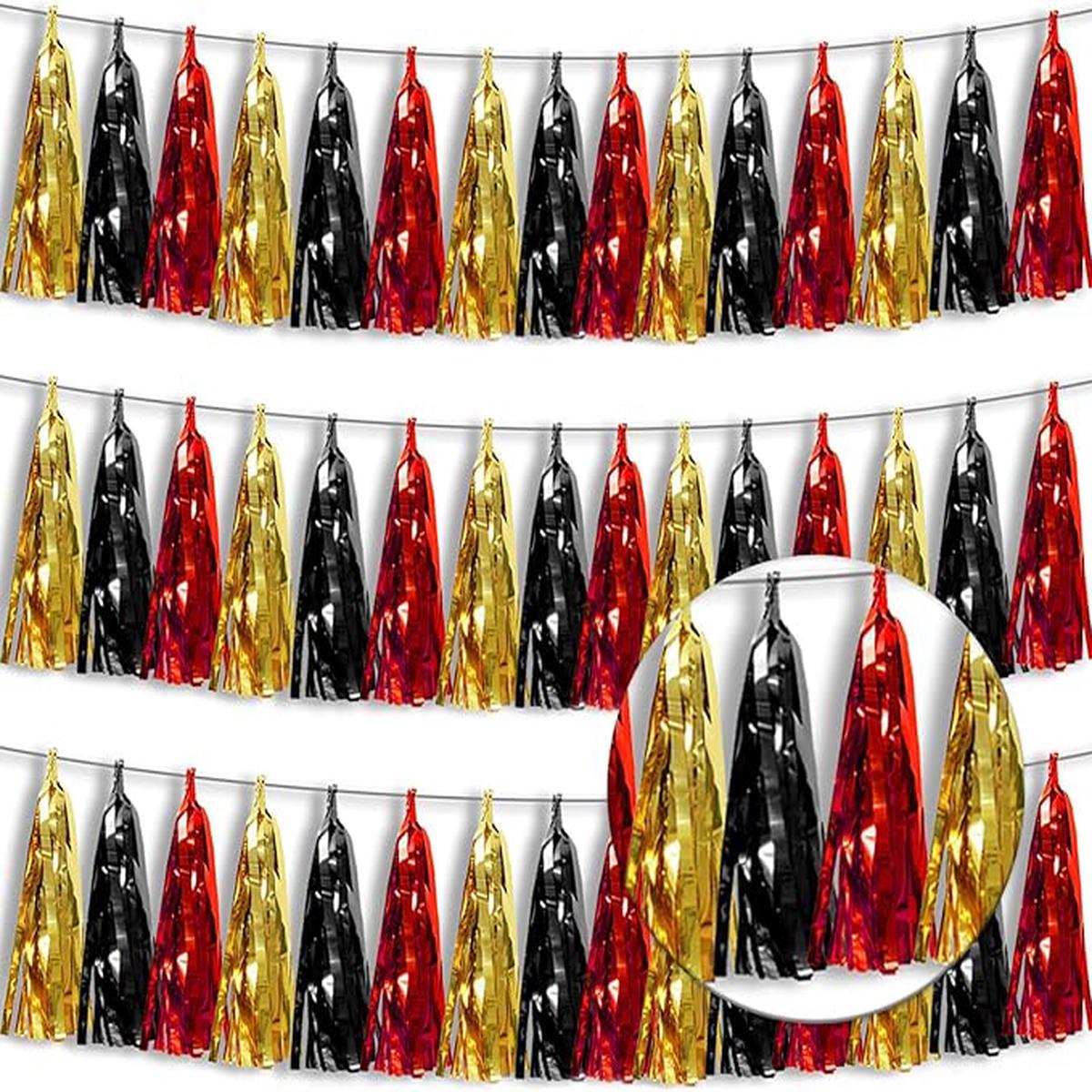 3P Metallic Fringe Banner Garland Foil Tinsel Streamer Wall Hanging Curtain Backdrop Banners for Parade Floats Graduation Decorations, Baby Bridal Shower Party Decoration(Red-Black Gold)